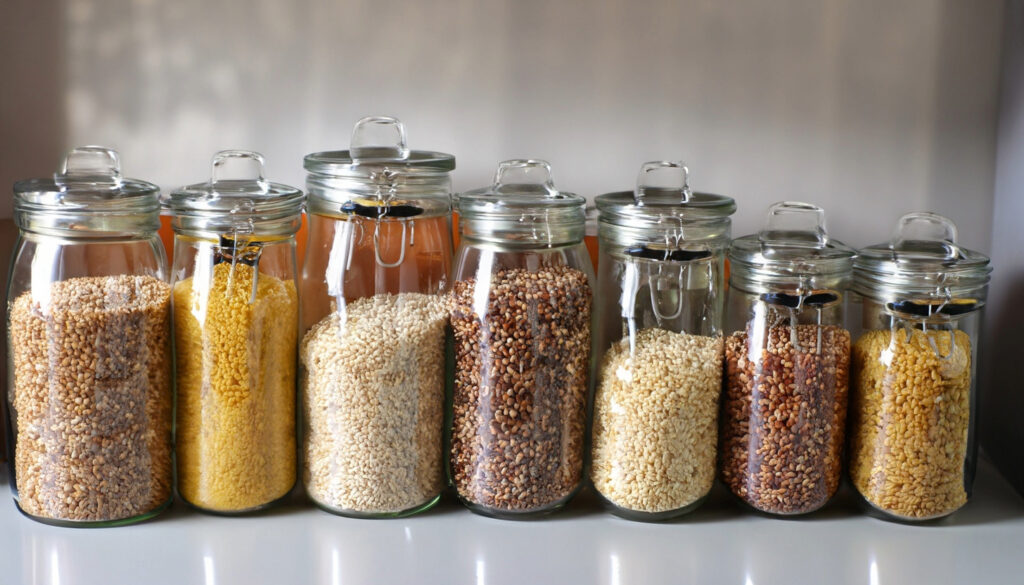 glass jars filled with grains like rice pasta oats and quinoa