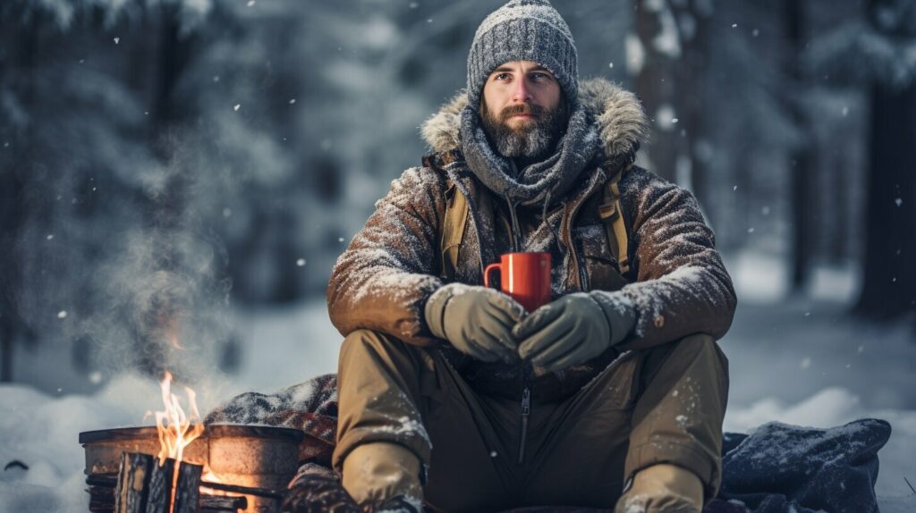 man sitting fireside