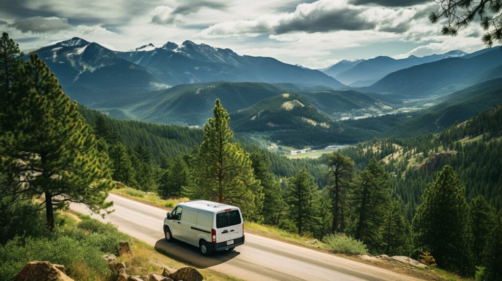 Prepper van driving on mountain road