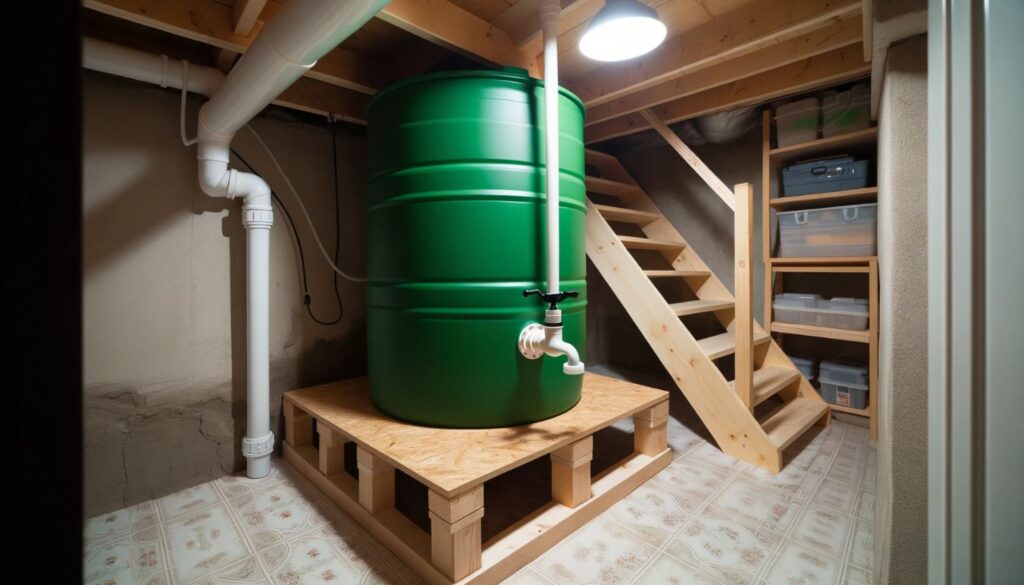 basement with green water barrel