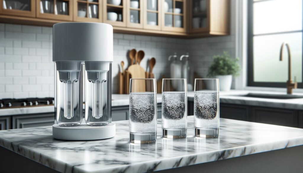 kitchen with glasses of filtered water