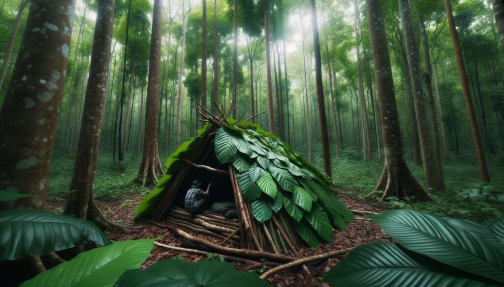 primitive shelter in woods