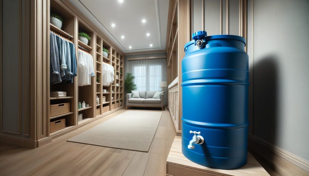 utility room blue water barrel