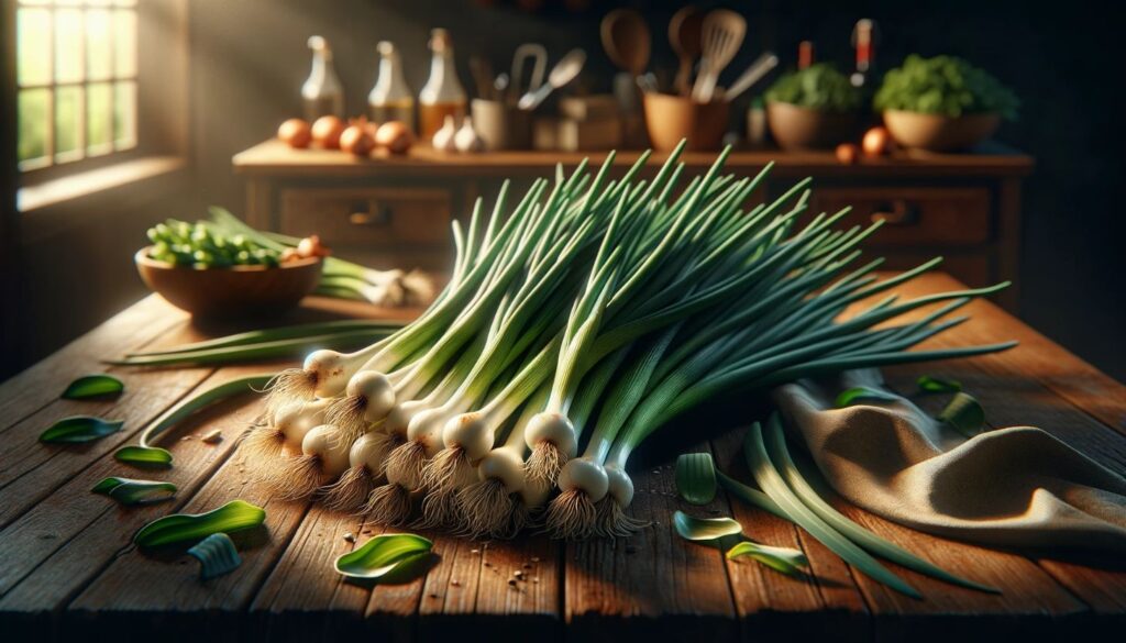 wild onions on table in kitchen