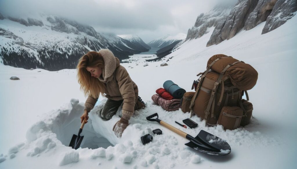 woman building emergency snow shelter