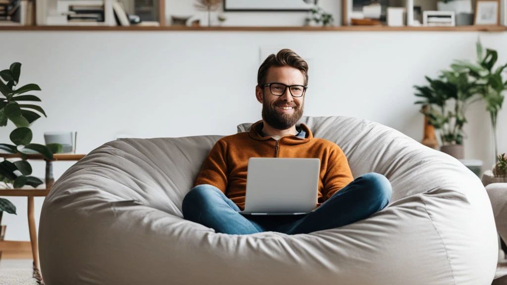 guy working in bean chair