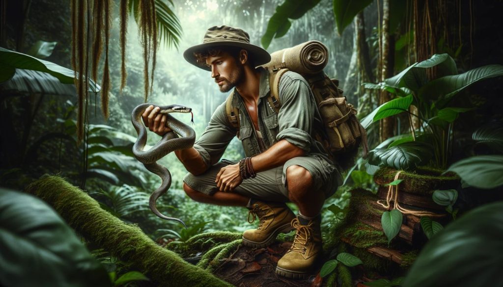 man holding snake jungle