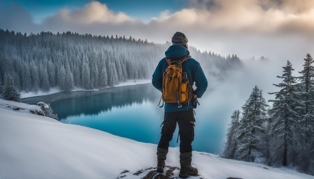 person standing on snow covered mountain