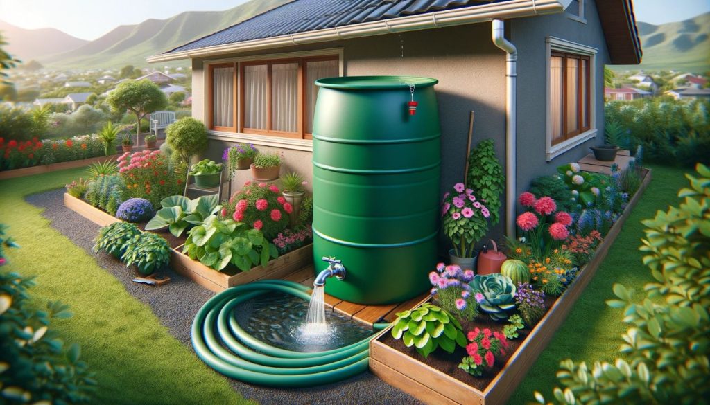 rainwater harvesting system at suburban home