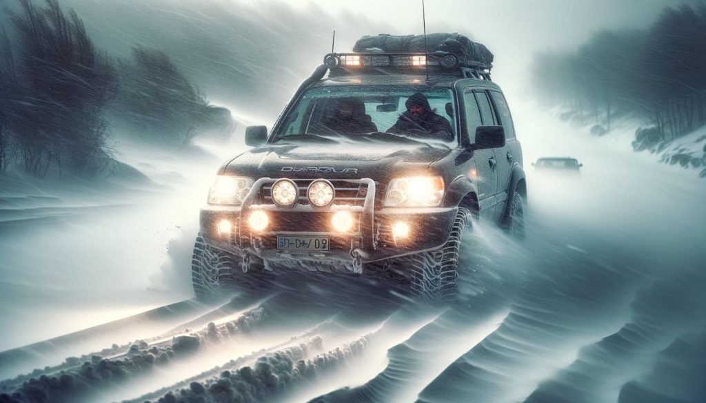 traveling during a blizzard by SUV