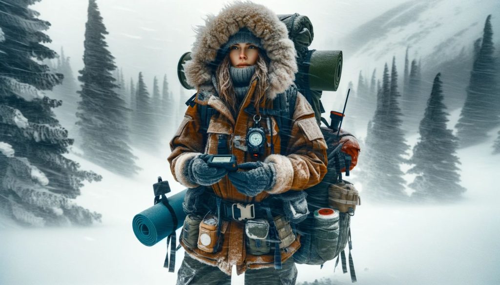 winter storm woman dressed for survival